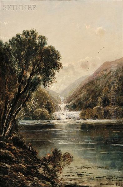 Landscape With Fisherman By A Lake And Falls Oil Painting by Edmund Darch Lewis