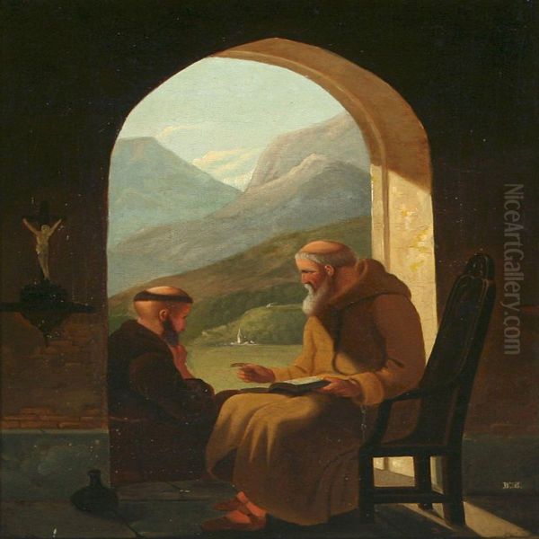 Two Monks In The Window Of A Southern Monastery Oil Painting by Wilhelm Ferdinand Bendz