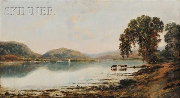 View With Cows Watering At A Lake Oil Painting by Edmund Darch Lewis