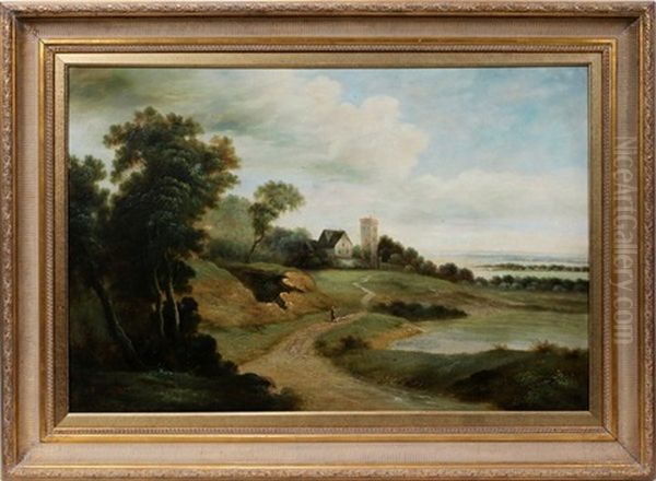 Coastal Landscape With A Home And Watchtower And A Woman Walking On A Winding Road Oil Painting by Edmund Darch Lewis