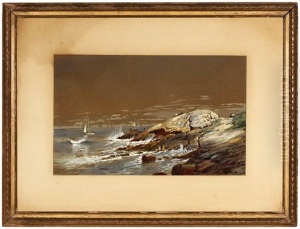 Boats And Figures In A Rocky Coastal View Oil Painting by Edmund Darch Lewis