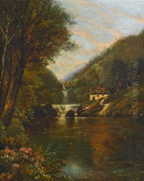 House By A Waterfall Oil Painting by Edmund Darch Lewis