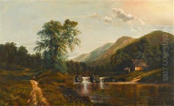 Fisherman On A Riverbank Oil Painting by Edmund Darch Lewis