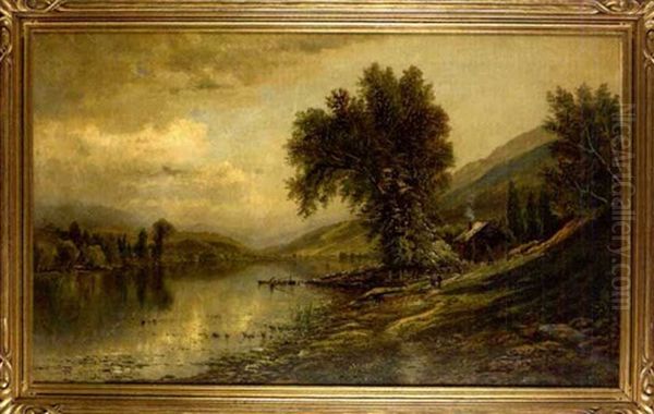 Landscape With Cottage Beside A Lake Oil Painting by Edmund Darch Lewis