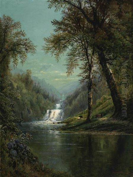 Waterfall Oil Painting by Edmund Darch Lewis