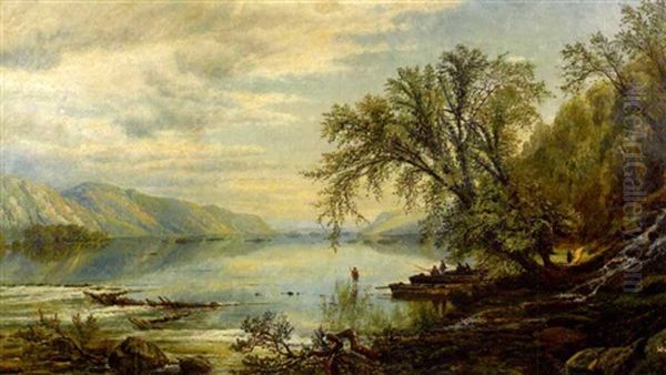 Mountainous Landscape With Lake And Fishermen Oil Painting by Edmund Darch Lewis