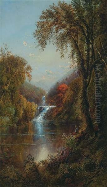 Fishing At Fish Rock Falls In Autumn - Adirondacks Oil Painting by Edmund Darch Lewis