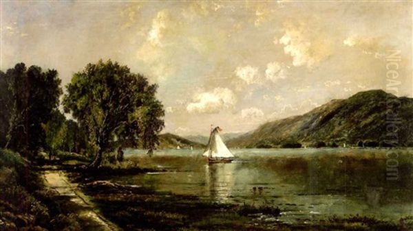 River Landscape With Sailboat Oil Painting by Edmund Darch Lewis