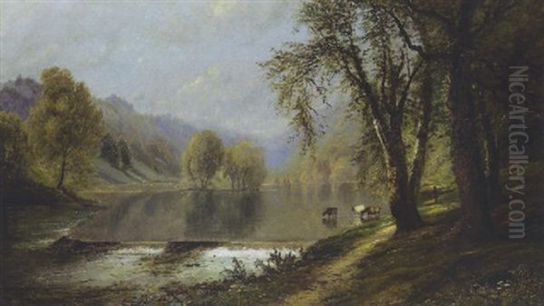 Cattle Watering By The River Oil Painting by Edmund Darch Lewis