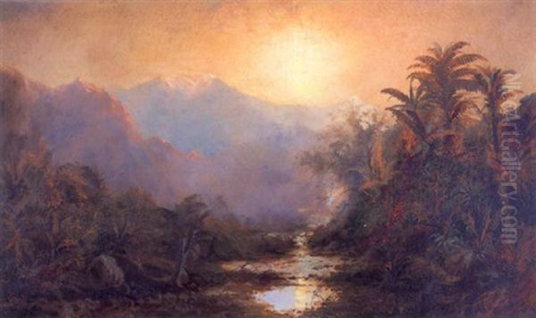 Waterfall In A Tropical Landscape, Sunset Oil Painting by Edmund Darch Lewis