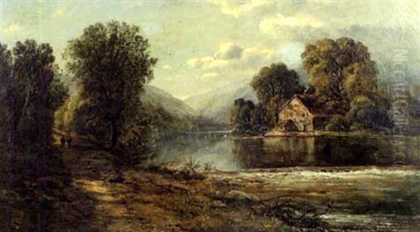 Panoramic Landscape Of Mountains And River, With Figures And House Oil Painting by Edmund Darch Lewis