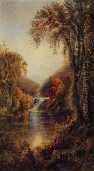 Fishing At Fish Rock Falls In Autumn, Adirondacks Oil Painting by Edmund Darch Lewis