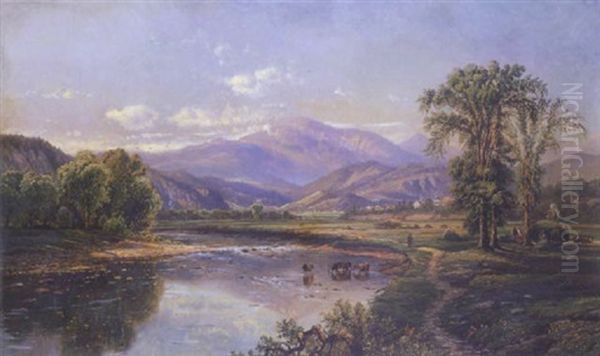 Gathering Hay In An Extensive Landscape, Cattle Watering In A River In The Foreground Oil Painting by Edmund Darch Lewis