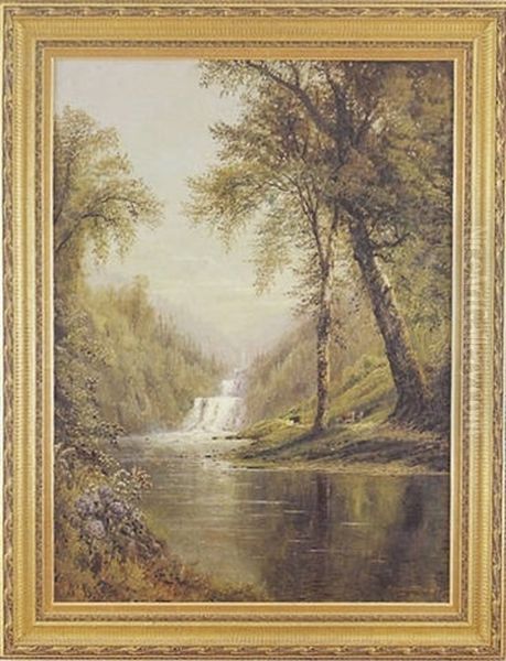 Landscape Of Cows Beside A Tree Lined Rushing Waterfall And River Oil Painting by Edmund Darch Lewis