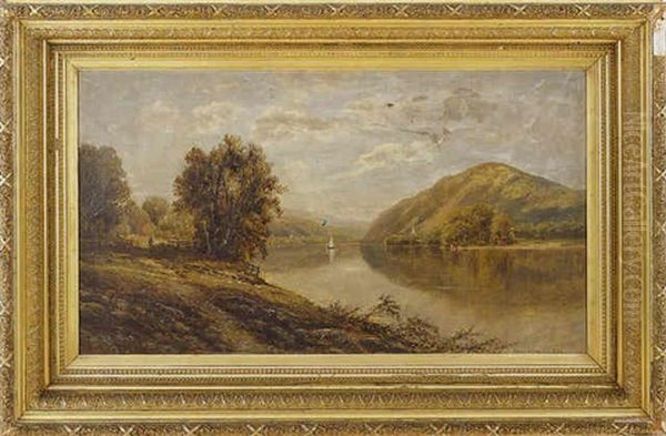 Landscape Depicting A River With Sailboat Surrounded By Trees, Mountains And Figure In The Foreground Oil Painting by Edmund Darch Lewis