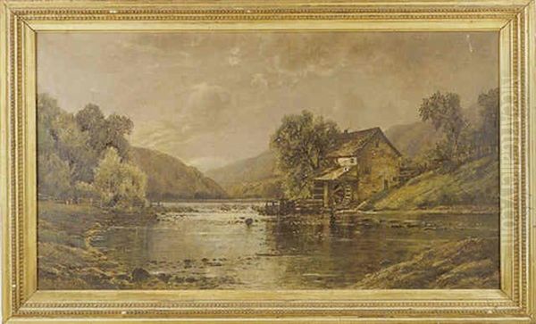 Landscape With Mill, River And Mountains Oil Painting by Edmund Darch Lewis