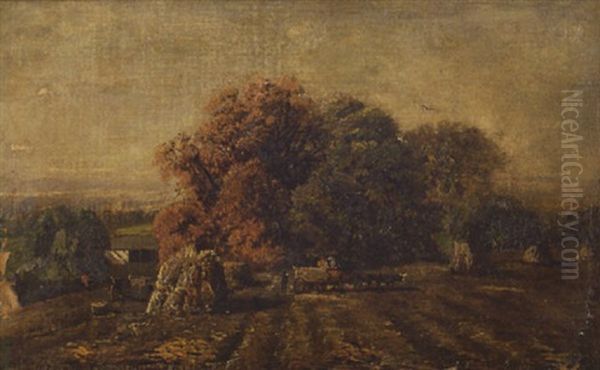 Harvest Landscape With A Wagon Team, People, And Haystacks Oil Painting by Edmund Darch Lewis