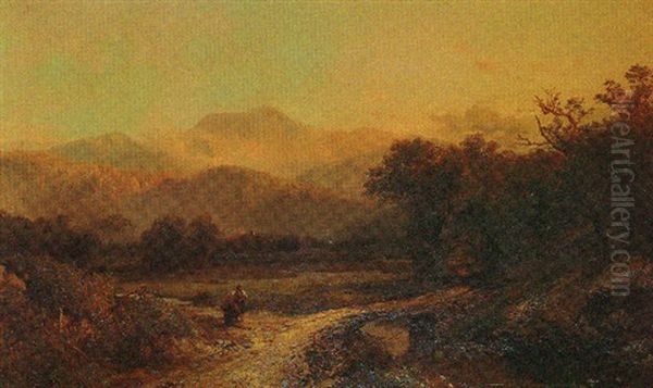 Figures By A Bridge At Sunset Oil Painting by Edmund Darch Lewis