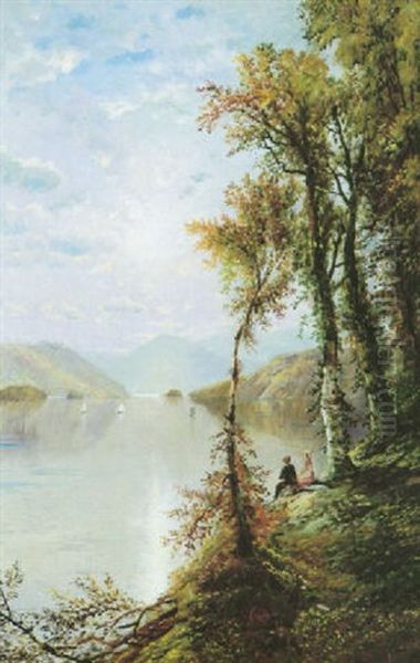 Setting Sun Over The Hudson River Oil Painting by Edmund Darch Lewis