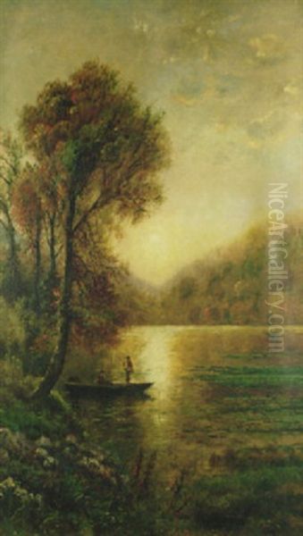 Fishing In A Punt, Sunset Oil Painting by Edmund Darch Lewis