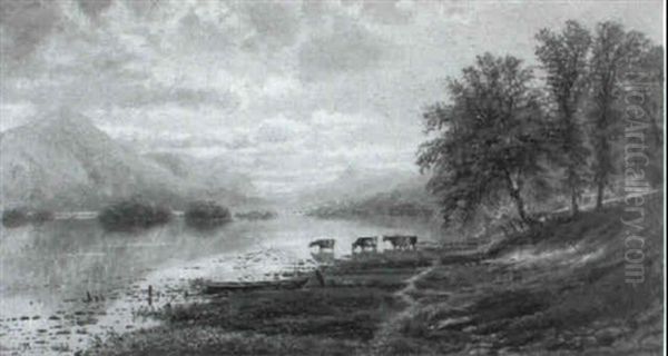 Cattle By The Edge Of A Lake Oil Painting by Edmund Darch Lewis