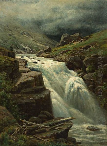 'wasserfall Der Reuss Nahe Des St. Gotthard Tunnel' Oil Painting by Henry Lewis