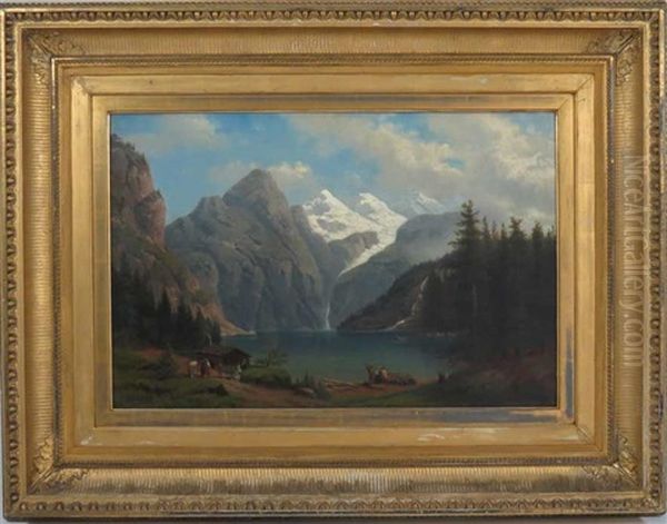 Landscape With People By Mountain Lake Oil Painting by Henry Lewis