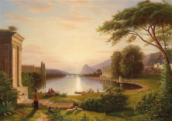 Italienische Parklandschaft Im Abendlicht Oil Painting by Henry Lewis