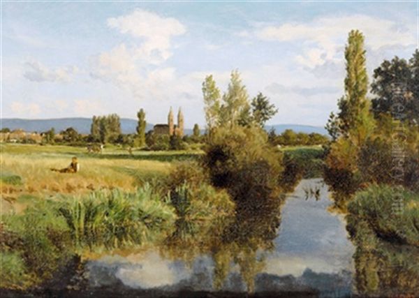 Bewaldete Sommerlandschaft Am Mittelrhein Mit Altwasser Oil Painting by Henry Lewis