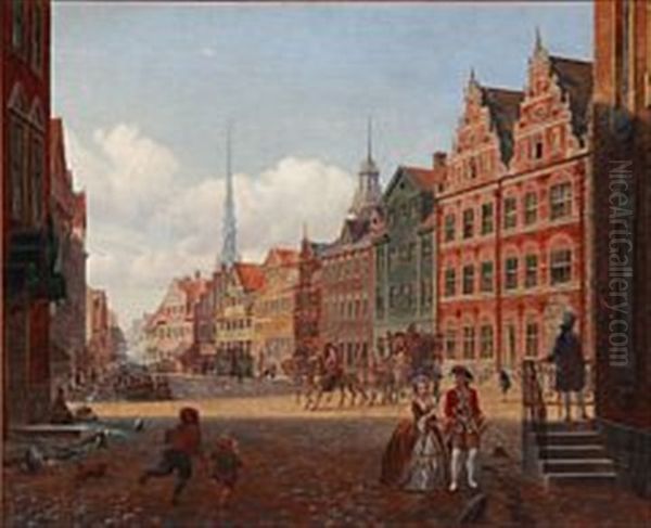 Historical Scenery From Amagertorv In Copenhagen Oil Painting by Hans Christian Ley