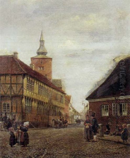 Folkeliv I Randers Med Kirken Og Niels Ebbesens Gard Oil Painting by Hans Christian Ley