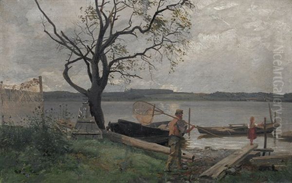 Fischer Am Ufer Des Bodensees Mit Blick Auf Bodman Oil Painting by Sophie Ley