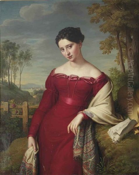 Potrait Of A Young Elegant Lady, In A Red Dress With An Embroidered Shawl, Standing In A Landscape Oil Painting by Eduard Friedrich Leybold