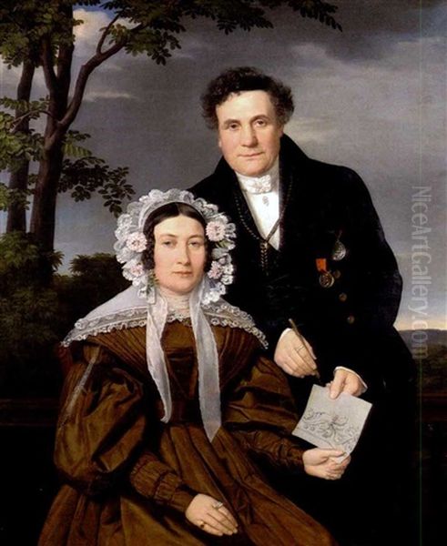 Portrait Des Johann Fritz Und Seiner Frau Auf Einer Terrasse Vor Landschaftshintergrund Oil Painting by Eduard Friedrich Leybold