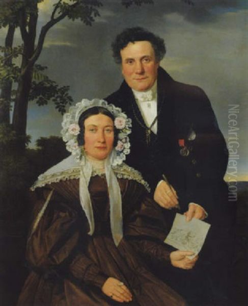 Portrait Einer Dame Und Eines Herrn In Landschaft Oil Painting by Eduard Friedrich Leybold