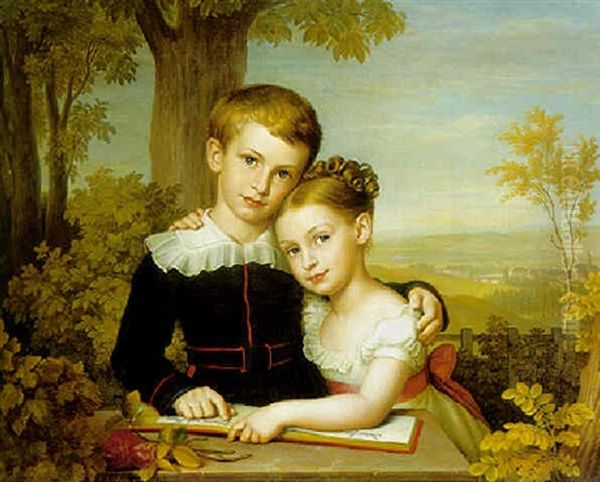 Portrait Of Two Children With An Extensive Landscape Beyond Oil Painting by Jakob Theodor Leybold