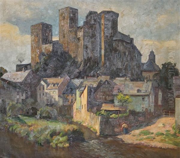 Burg Runkel An Der Lahn. Blick Auf Den Ort, Die Lahn Und Die Burg Auf Dem Hugel Oil Painting by Kurt Leyde