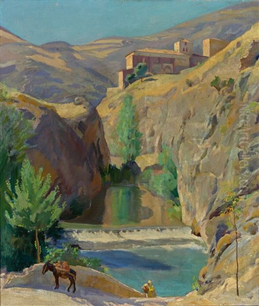 Schlucht Mit Fluss Aus Alvarrocin. Spanische Landschaft Oil Painting by Kurt Leyde