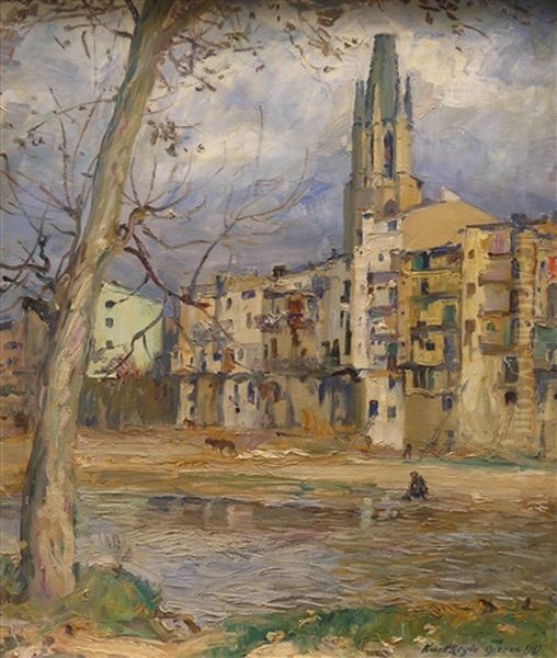 Blick Uber Den Teils Ausgetrockneten Fluss Onyar Auf Die Kirche San Felix In Girona Oil Painting by Kurt Leyde