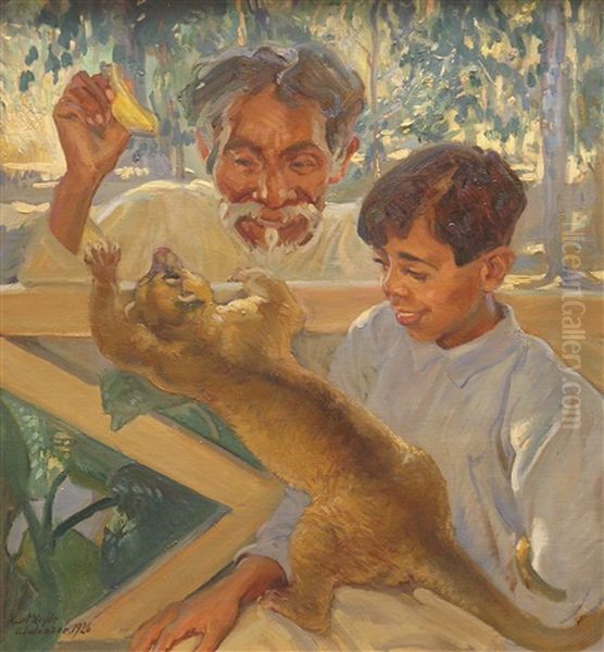 Vater Und Sohn Beim Spiel Mit Einem Wickelbaren (potos Flavus) Oil Painting by Kurt Leyde