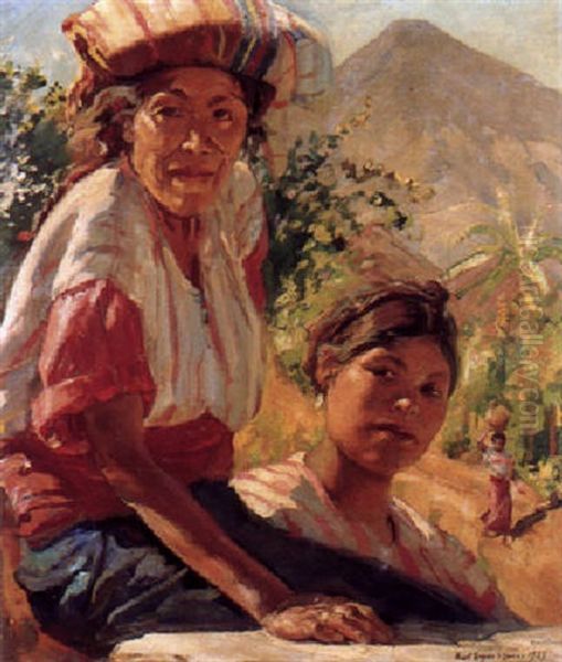 Two Women In A South American Landscape (guatemala?) Oil Painting by Kurt Leyde