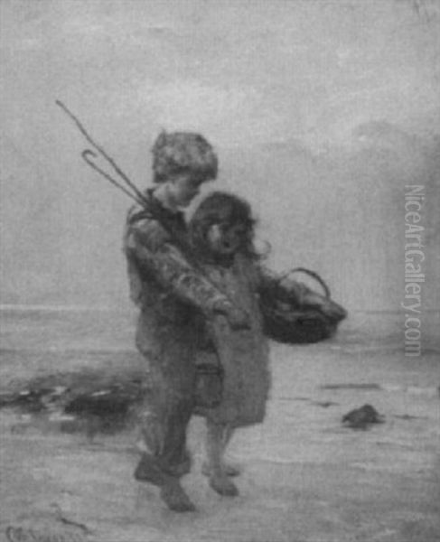 Children On A Beach Oil Painting by Otto Theodore Leyde