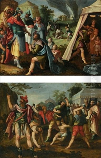 The Trial And Stoning Of Achan And His Family (+ The Stoning Of An Old Testament Figure; Pair) Oil Painting by Lucas Van Leyden