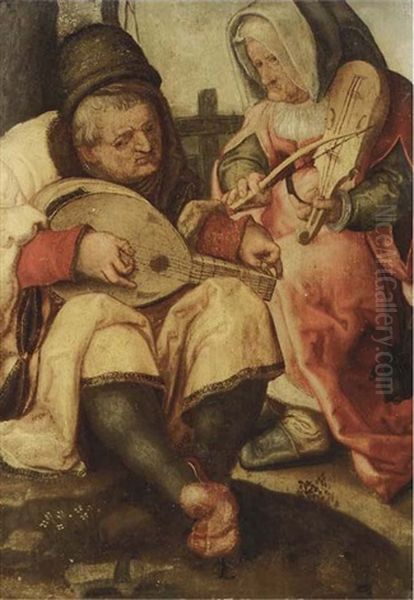 An Old Man And Woman Making Music Oil Painting by Lucas Van Leyden