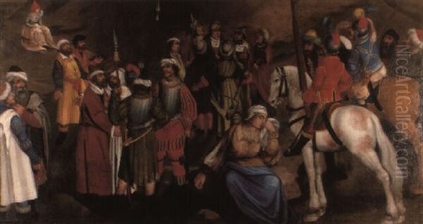 Turkish (?) Soldiers With Other Figures Preparing To Leave For Battle Oil Painting by Lucas Van Leyden