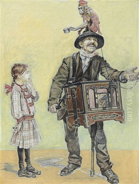 Organ Grinder Oil Painting by Frank Xavier Leyendecker