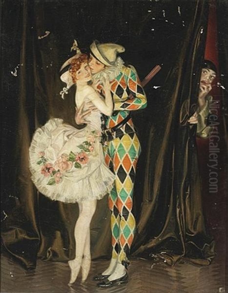 Arlecchino And Columbina Oil Painting by Frank Xavier Leyendecker