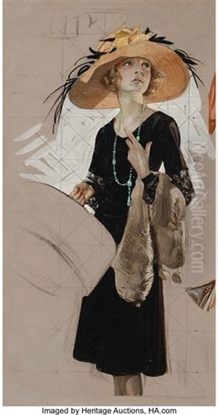 Woman With Hat Box, Possible House Of Kuppenheimer Advertise Oil Painting by Joseph Christian Leyendecker