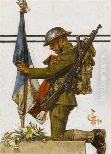 Soldier Kneeling At French Memorial Oil Painting by Joseph Christian Leyendecker