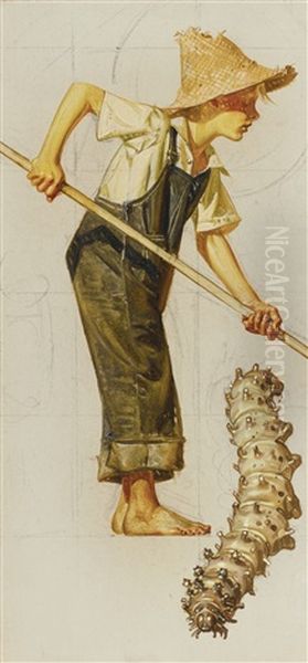 Boy And Caterpillar Oil Painting by Joseph Christian Leyendecker